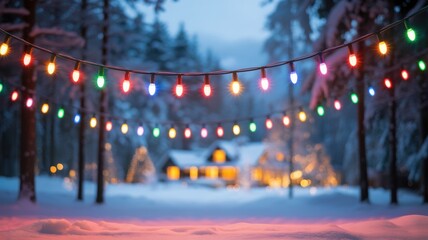 Magical winter forest scene with glowing colorful christmas lights strung between snow covered trees leading to a cozy illuminated cabin