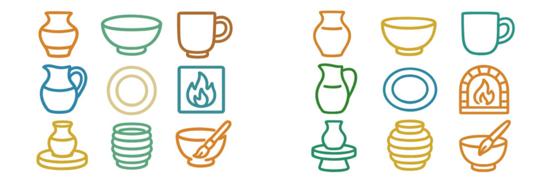 Colorful pottery and tableware illustrations arranged in a grid showcasing various kitchen items and utensils