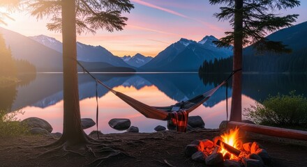 Hammock over a lake enjoying a sunset by a campfire