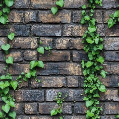 Vibrant green ivy cascading over a textured brick wall.