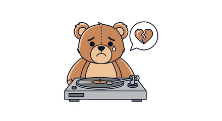 Melancholy melody: Cartoon teddy bear expressing sadness over a broken heart record player