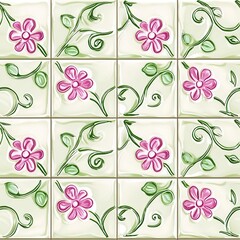 Floral patterned tiles with pink flowers and green vines on a light background.