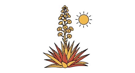 Stylized agave plant with a blooming flower under a radiant sun illustration