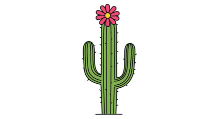 Stylized botanical illustration of a desert cactus with bright flower decoration
