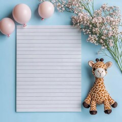 Adorable giraffe toy with balloons and flowers on a light blue background.