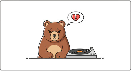 Heartbroken bear listening to sad music on a vinyl record player cartoon art