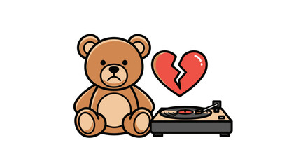 Melancholic teddy bear with broken heart and turntable illustration on white background