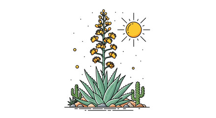 Stylized desert landscape featuring a blooming agave, cacti, and sunny weather providing a nature