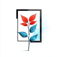 Colorful leaves in a modern frame, artistic design on white background.