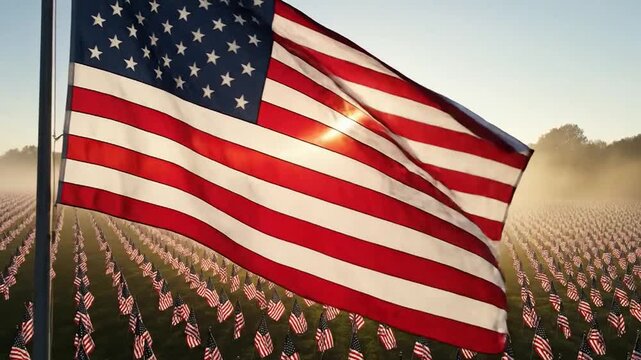 A large American flag waves gracefully against the bright morning sky, overlooking a serene field where many small flags stand in neat rows.