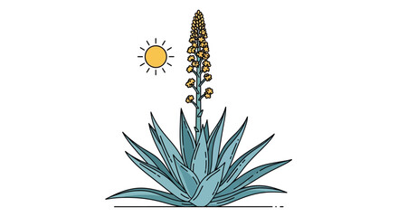 Illustration of an agave plant with flower stalk and a stylized sun on a white background