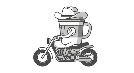 A whimsical illustration featuring a coffee cup character riding a motorcycle wearing a cowboy hat