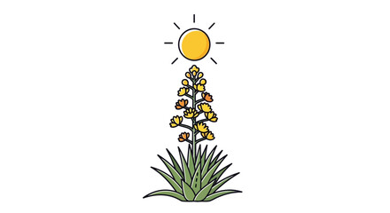 Stylized illustration of a flowering agave plant beneath a radiant sun on white plain