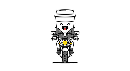 Cartoon coffee cup character riding a motorcycle with a cheerful expression, a fun depiction of a