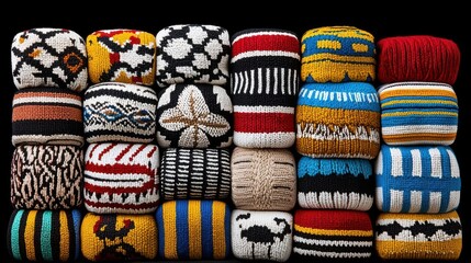 Colorful traditional textiles displayed in a stacked arrangement on a black background.