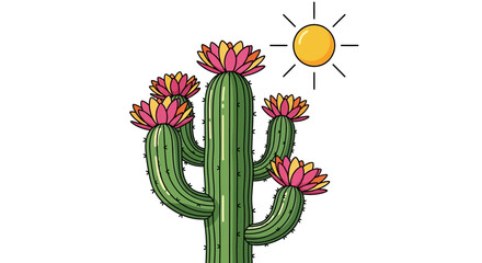 Illustration of a blossoming saguaro cactus against a white background under the shining sun