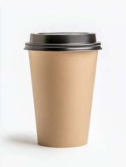 Brown disposable coffee cup with a black lid on a white isolated background.