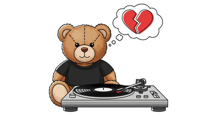 A melancholy teddy bear spinning vinyl records while contemplating heartbreak imagery