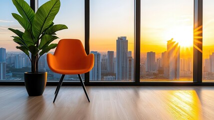 Cozy interior with an orange chair and plant by a window at sunset.