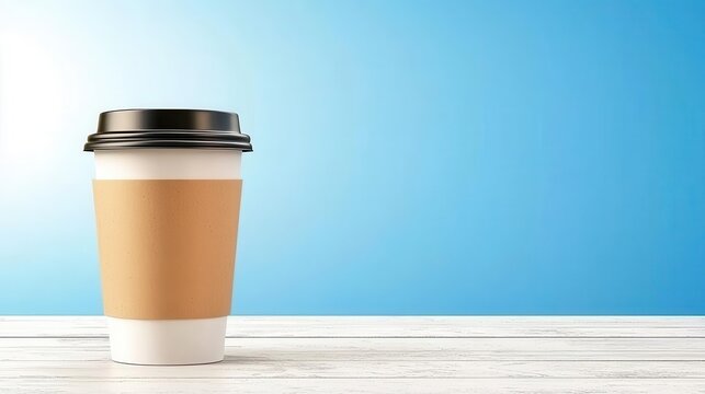Paper coffee cup on wood table, blue background, beverage concept - Powered by Adobe