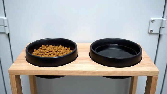 Filling Black Pet Bowls with Dry Food and Water on a Light Wooden Stand Against a Plain White Door Perfect for Animal Care Advertisement and Promoting Pet Health Awareness