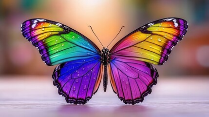 Vibrant butterfly with rainbow wings, perched elegantly on a surface.
