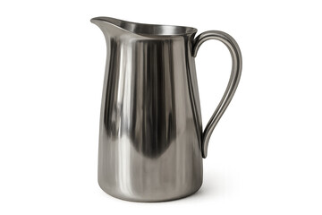Stainless steel pitcher with handle, serving a concept of utility, beverage, and kitchenware, transparent background