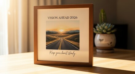 A framed artistic vision of a road heading towards a sunset