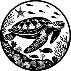 Naklejka premium Sea turtle swimming in the ocean with fish and coral in a circle