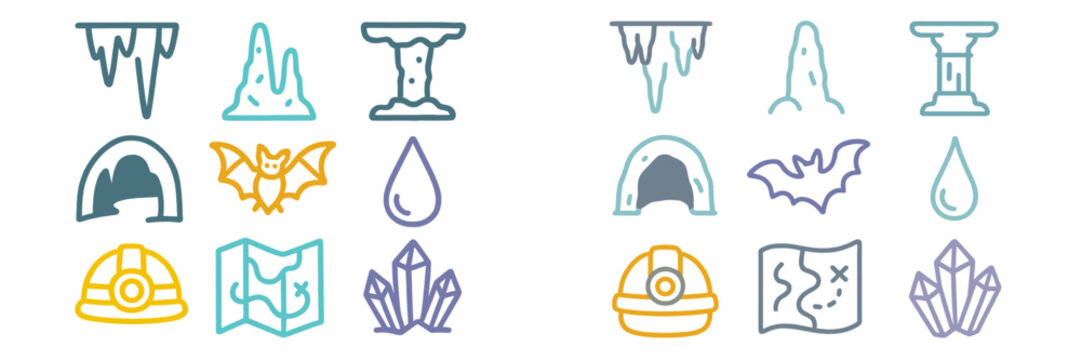 Cave exploration elements featuring stalactites, stalagmites, bats, and crystals in a playful design