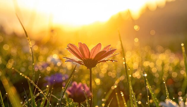 Close up macro photograph of a delicate pink wildflower in soft morning sunlight with dew drops on its petals and surrounding grass creating a bokeh effect in the background.