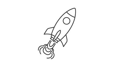Minimalistic line drawing showcases a rocket ascending with flames, conveying innovation and