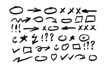 Black and white doodle set. Hand-drawn minimalist icons, arrows, hearts, and decorative elements.