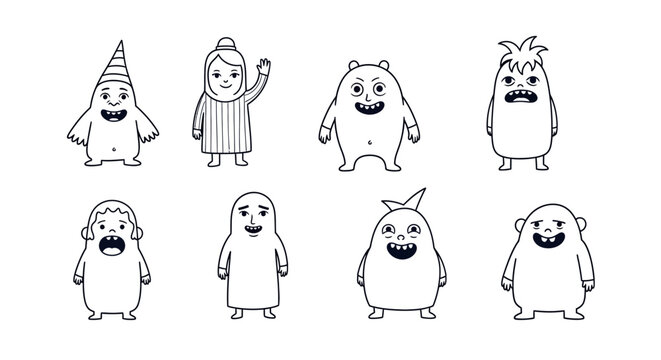 Whimsical monochrome character doodles showcasing a variety of quirky and emotive creatures