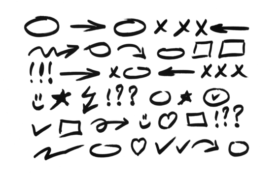 Black and white doodle set. Hand-drawn minimalist icons, arrows, hearts, and decorative elements.