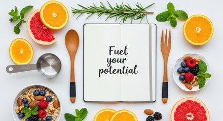 Healthy food arrangement with motivational text in a studio setting