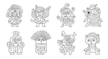 Fototapeta premium Illustrated collection of whimsical folklore-inspired creatures with intricate line work and