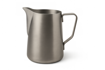 Stainless steel milk frothing pitcher for preparing coffee latte art, professional barista accessories on transparent background