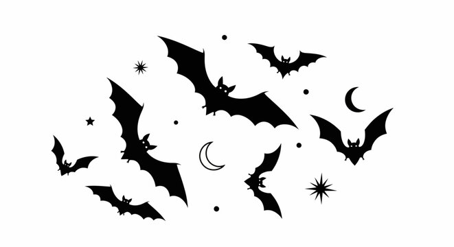 Vector Illustration of Silhouetted Bats, Stars, and Moons for Spooky Halloween Decor
