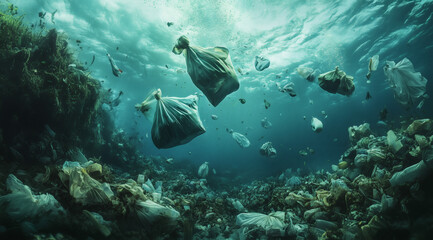 Clear ocean with floating plastic bag, bottle debris, and signs of pollution threatening aquatic environment and marine creatures.