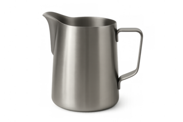 Stainless steel milk frothing pitcher for preparing espresso coffee latte art with transparent background