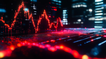 Red glowing stock market graph with data lines and digital city background representing economic fluctuation, finance and technology. Concept of economy, trading and futuristic analytics.