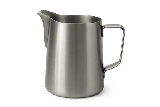 Stainless steel milk frothing pitcher for preparing espresso coffee latte art with transparent background