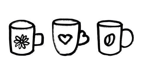 Set of cute hand drawn cup of tea or coffee Simple mug clipart Cozy home doodle Single element for design