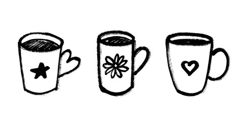 Set of cute hand drawn cup of tea or coffee Simple mug clipart Cozy home doodle Single element for design