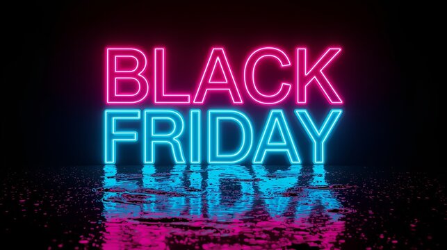 Futuristic neon 3D glowing "BLACK FRIDAY" text floating in a dark cyberpunk city background with reflections on wet asphalt - Powered by Adobe