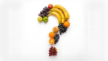 Various fruits such as apples, bananas, oranges, and grapes arranged and merged together to form a question mark symbol.