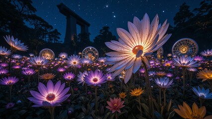 An array of sundial flowers that track starlight and paint petal shadows across midnight paths
