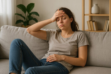 Obraz premium young woman sleeping on sofa. Exhausted young woman resting at home on couch.