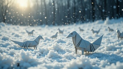 A quiet snowfield of self folding origami creatures that awaken from falling flakes and stroll
